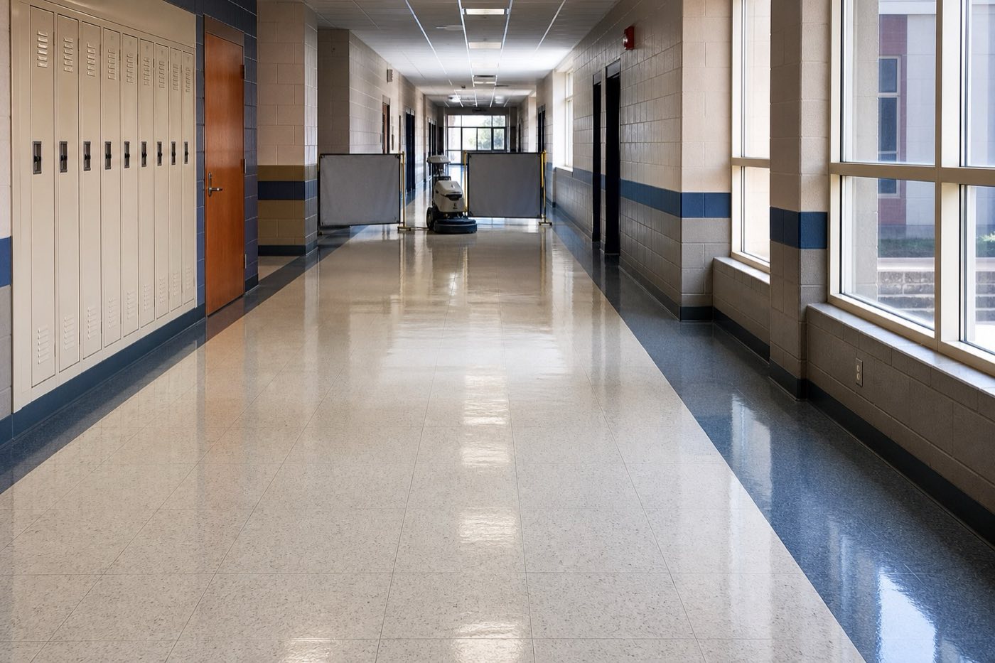 Generic school corridor with an unbranded floor machine behind access barriers